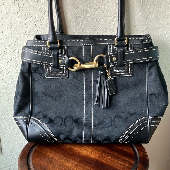 Coach Handbags - Coach: Black Hampton Signature Satchel Tote Bag- Leather Trim- Gold tone(10509)